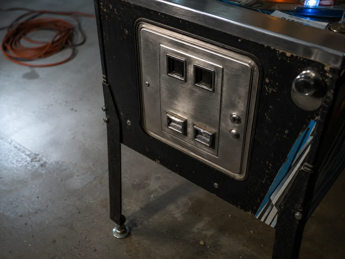 Coin door and leg leveler on a pinball cabinet in a garage
