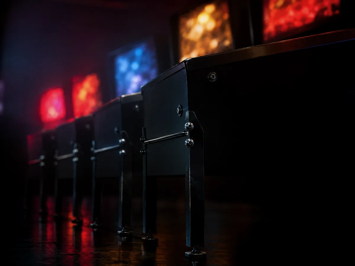 Row of pinball cabinets in a dark room lit only by backbox glow