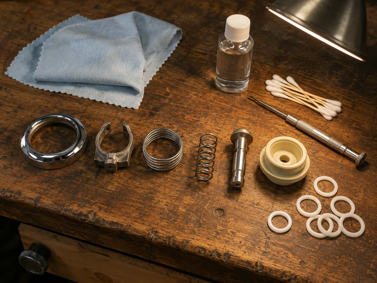 Disassembled pop bumper components laid out on a workbench